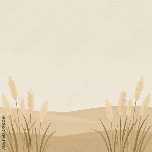 Simple pampas grass plain landscape background with pale plumes and soft beige sky