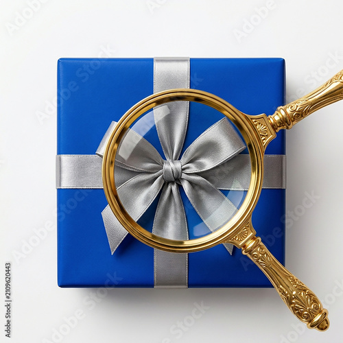 Elegant blue gift box inspected with magnifying glass. Luxury present scrutinized for quality and authenticity details.