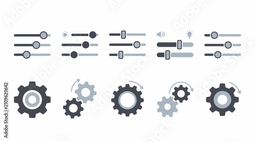 Settings controls and mechanical gears are represented as a series of minimalist icons that demonstrate technical configuration and functional adjustment processes.