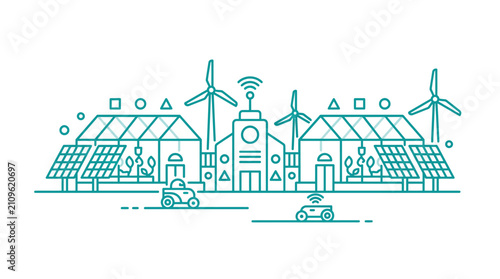 Bild auf Leinwand Smart greenhouse complex utilizes wind turbines and solar panels to support automated robotic agricultural systems