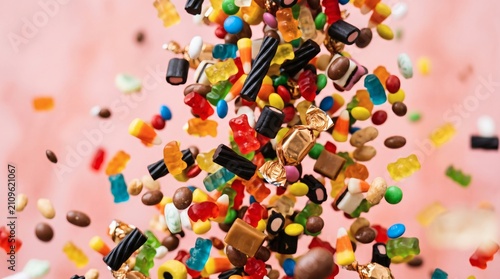 A vibrant cascade of colorful candies and sweets falling against a soft pink background.