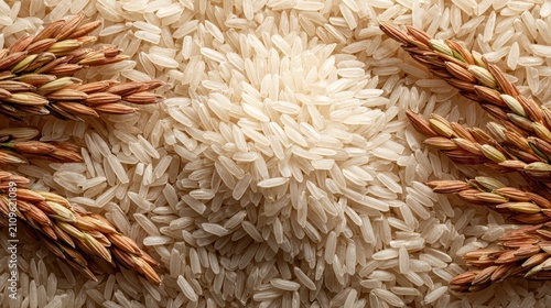 Heap of white uncooked rice grains with golden wheat stalks scattered on top, close-up food background, macro texture detail