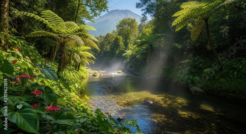 Lush tropical rainforest river with sunbeams and exotic flowers