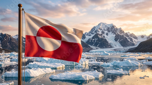 Waving Greenland Flag with Arctic Icebergs and Mountain Landscape