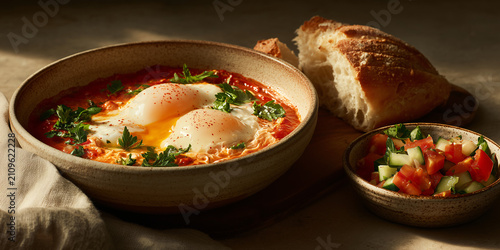 A hearty and delicious shakshuka dish served in a rustic bowl, garnished with fresh parsley and accompanied by crusty bread and a side of chopped salad. The warm.