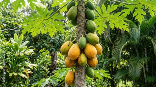 Papaya Tree with Ripe and Unripe Fruits in Lush Tropical Garden