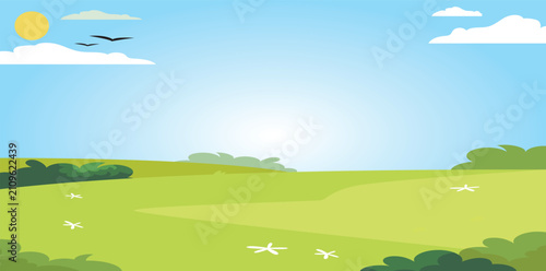 Vibrant green landscape with rolling hills, sunny sky, clouds, birds, and daisies, cheerful cartoon style illustration.