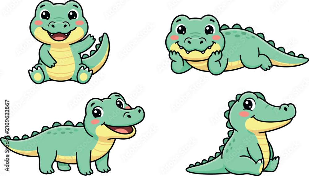 Naklejka premium Cute Cartoon Baby Crocodile Characters Set with Friendly Little Alligator Poses for Swamp Theme Birthday Cards, Nursery Decor, and Kids Graphic Designs