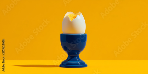 A perfectly boiled egg in a blue egg cup, set against a vibrant yellow background