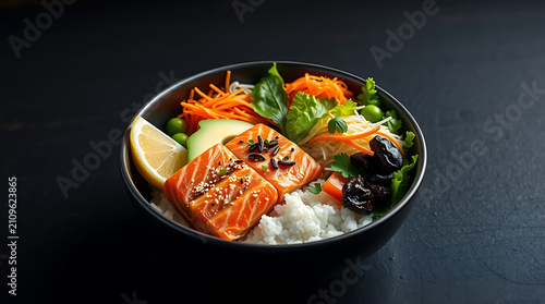 Colorful Seafood Poke Bowl with Fresh Salmon and Healthy Superfood Ingredients