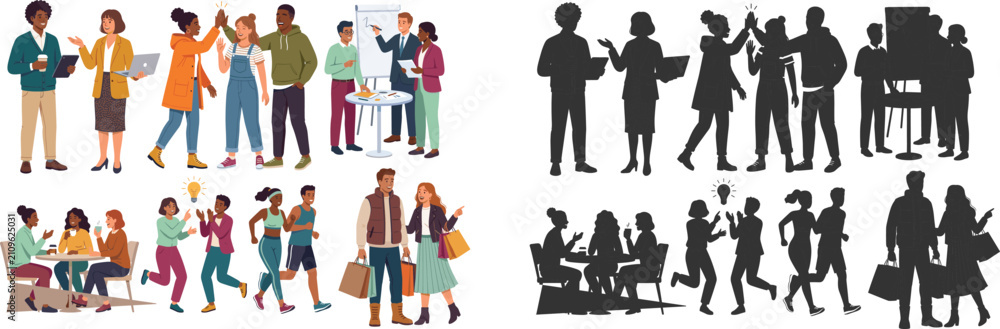 Obraz premium People Interaction Character Collection with Teamwork Meeting Shopping and Social Activities Silhouette Vector Set