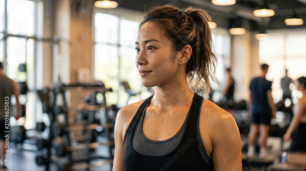 Fototapeta premium Athletic Asian woman focused and determined during an intense workout session at a modern health and fitness training gym center
