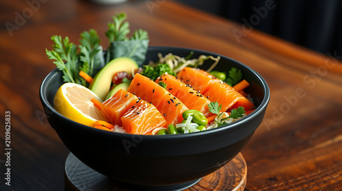 Premium Salmon Poke Bowl with Fresh Ingredients and Healthy Dining Concept