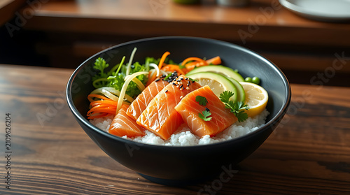 Healthy Seafood Rice Bowl with Fresh Salmon, Avocado and Vegetables