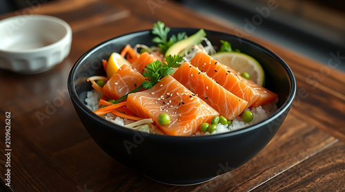 Fresh Salmon Poke Bowl with Rice, Avocado and Healthy Japanese Cuisine