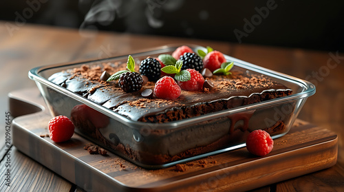 Homemade Fudgy Chocolate Brownie with Mixed Berries and Gourmet Presentation