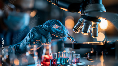 Close up of a laboratory technician's gloved hands performing a microscopic bacteriological examination with reagents in a bright microlaboratory cropped faceless framing