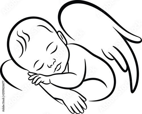 Foto Continuous line art illustration of a small sleeping baby angel with wings sleep
