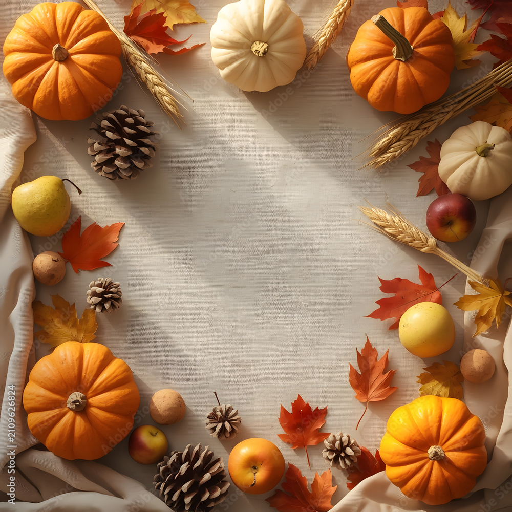 Fototapeta premium Thanksgiving Harvest Frame with Pumpkins Autumn Leaves and Wheat