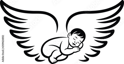 Obraz na plátně Sleeping baby angel with large feathered wings in a black and white line art gra