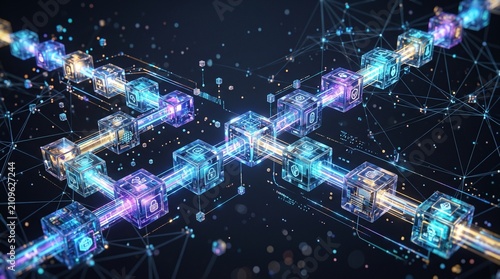 Digital blockchain network connection with glowing data blocks