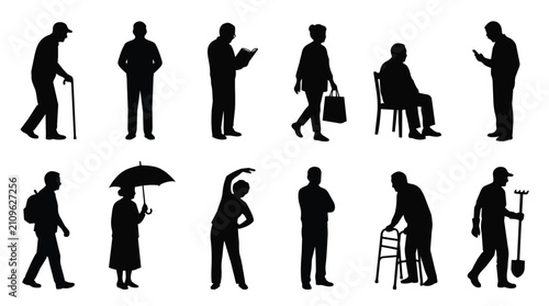 Senior citizens set and elderly people silhouette with retirement lifestyle for health, wellness and community. Mature man, woman and collection of characters for marketing and social media profile