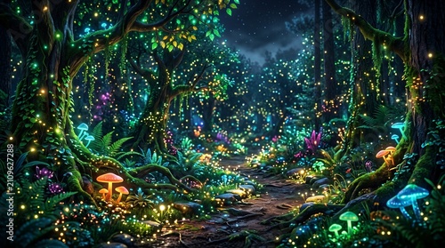 Enchanted forest path with glowing mushrooms and fireflies at night