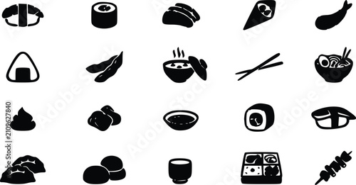 Foto Set of black sushi and japanese food icons featuring rolls maki ramen soup chops