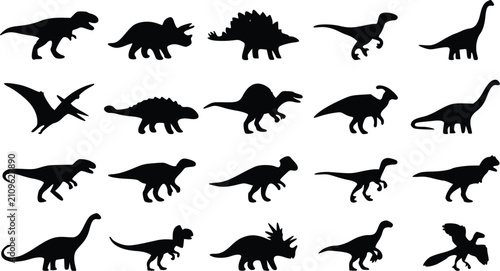 Foto Collection of various dinosaur silhouettes in black ink style showing many diffe