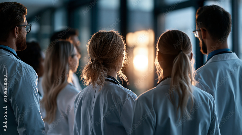 Obraz premium Rear view of a medical team collaborating in physician nursing and laboratory research and development in a bright clinical setting faces turned away healthcare medical team