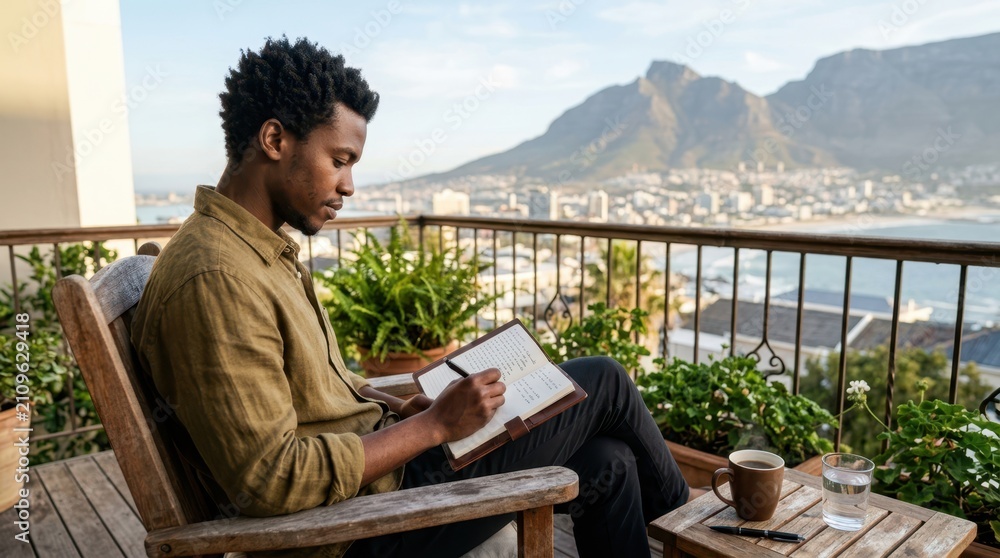 Obraz premium Man writing in journal on balcony with city and mountain view