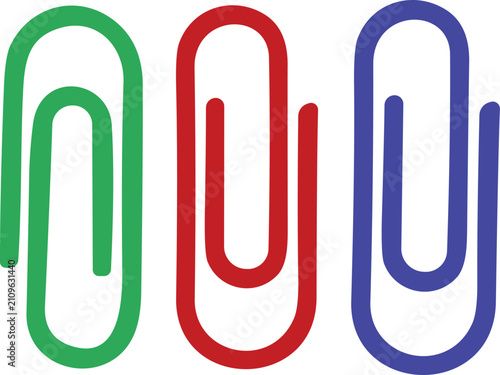 Three colorful paper clips in green red and blue with paperclip, stationery