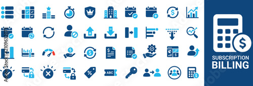 Картината върху платно Subscription billing icon set featuring recurring payments, invoicing, customer management, digital transactions, payment renewal, finance, and billing symbols