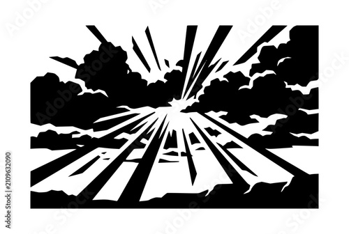Sunbeams bursting through clouds in a dramatic black and white graphic illustration