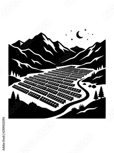 Vector illustration of a solar panel farm in a mountain valley at night