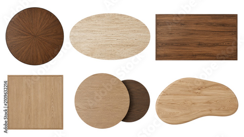 Top-down view of six wooden tabletops in varying shapes and finishes, showing diverse wood grains and tones arranged on a transparent background