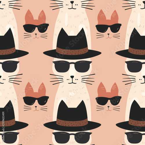 Stylish Cats with Hats and Sunglasses Seamless Vector Pattern