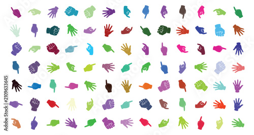 Colorful hand silhouettes in various poses on a white background for diversity and inclusion themes