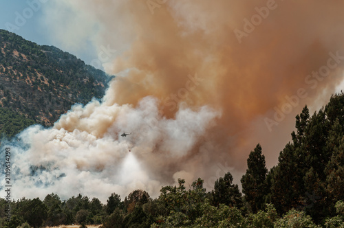 A helicopter responding to a forest fire.