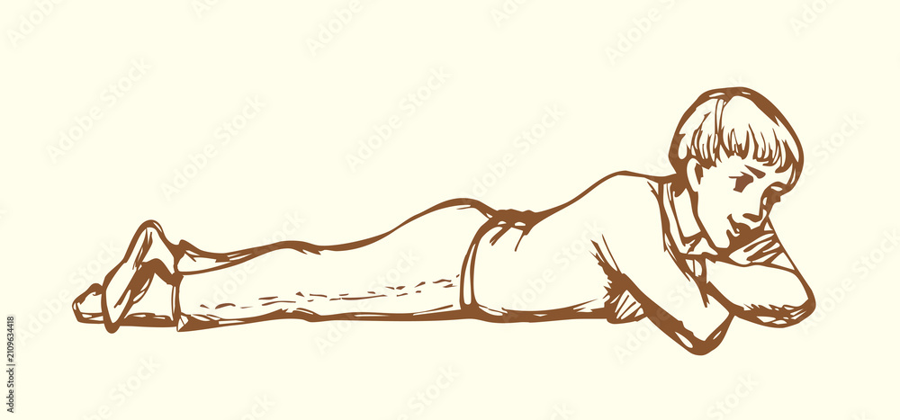 Obraz premium Vector drawing. Boy on the floor