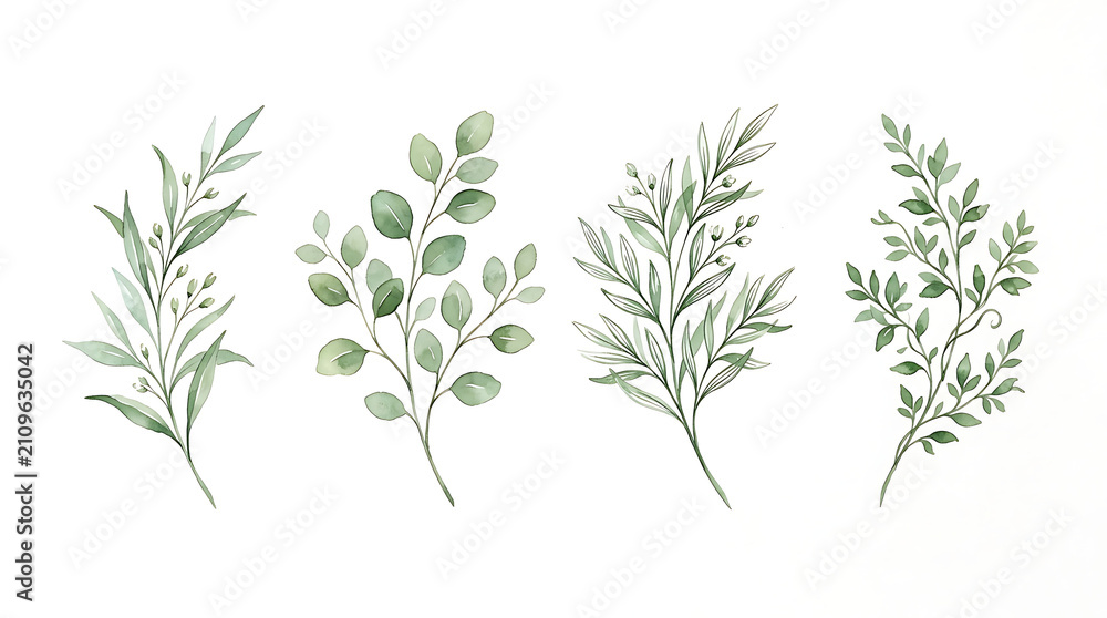 Fototapeta premium Four watercolor green leaf branches on white background 2