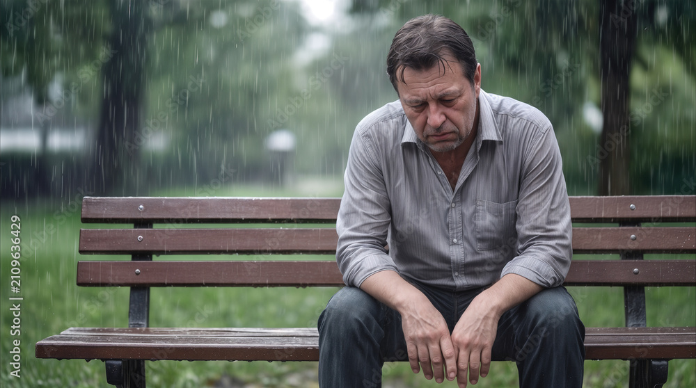 Fototapeta premium Despondent man sitting on wooden park bench during heavy rain. Solitary figure feeling grief and loneliness in public garden.