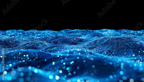 Abstract digital data wave with blue neon particles and bokeh light