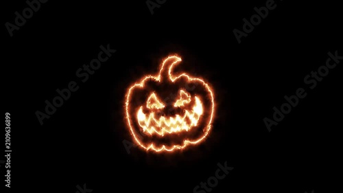 Glowing Neon Halloween Pumpkin Ghost Face Animation on Black Background in 4K
