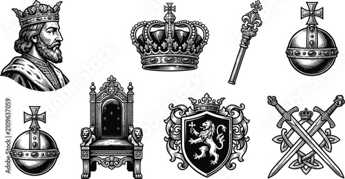 Imperial Medieval Royalty Vector Set Featuring King Profile Crown Scepter Globus Cruciger Throne Shield and Crossed Swords