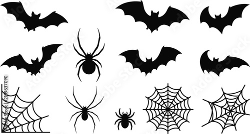 Halloween Spooky Black Bat and Spider Silhouette Vector Set with Circular Cobwebs and Corner Web Framework Elements for Gothic Autumn Festive Designs