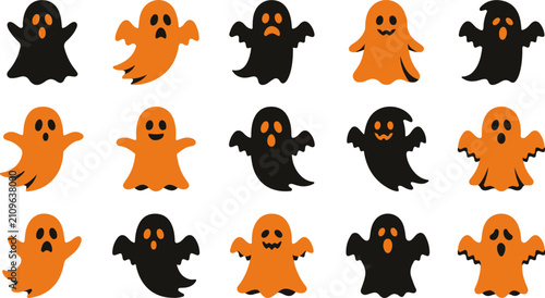 Fotografie Silhouette of various orange and black ghosts with different expressions on whit
