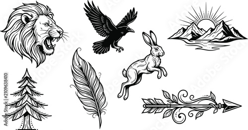 Wilderness Nature Vector Element Set with Roaring Lion Raven Flying Rabbit Mountains Pine Tree Feather and Tribal Arrow