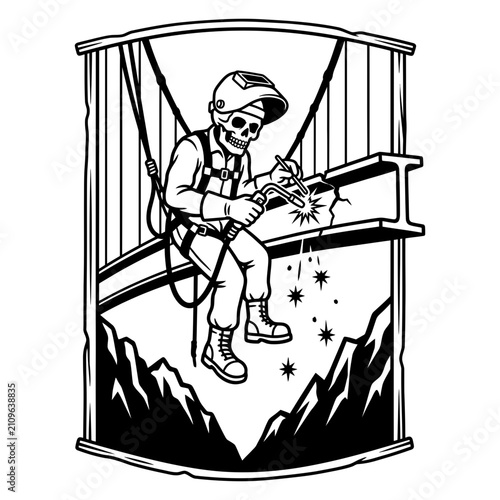 Skeleton welder working on steel beam framed industrial scene