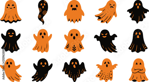 Cuadro en lienzo Silhouette of various orange and black ghost silhouettes with different expressi